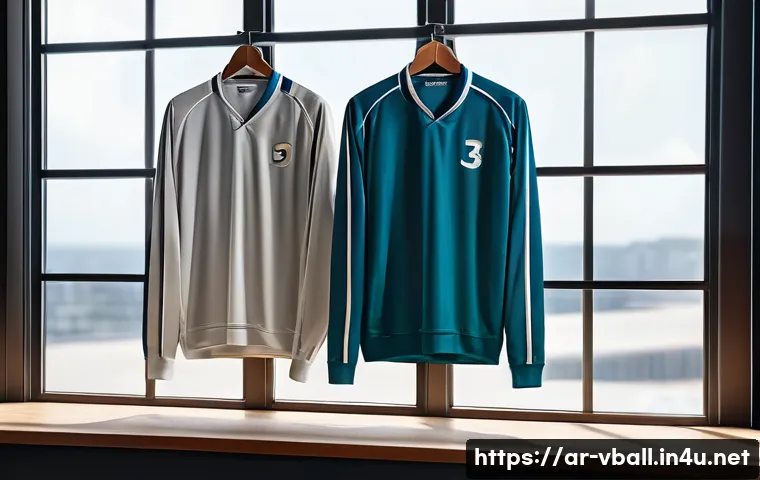 배구 유니폼 세탁법 - A detailed scene of a volleyball athlete's sports uniform hanging indoors for natural air drying, di...