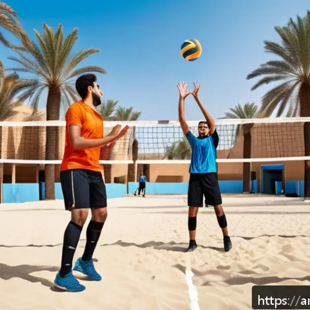 배구 팀워크 훈련 - A dynamic volleyball team training scene on an outdoor sandy court in the Middle East, featuring mal...