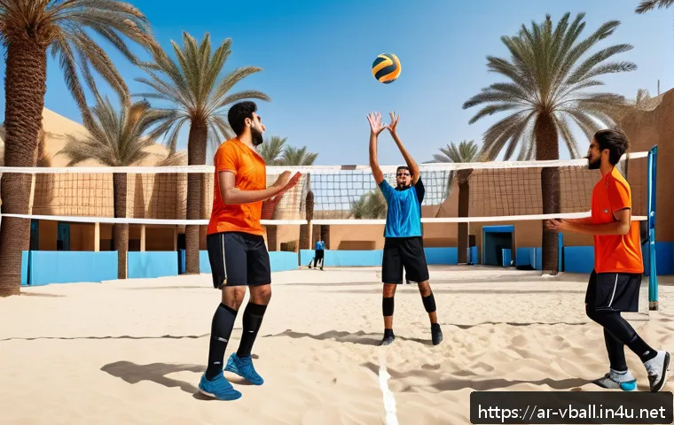 배구 팀워크 훈련 - A dynamic volleyball team training scene on an outdoor sandy court in the Middle East, featuring mal...