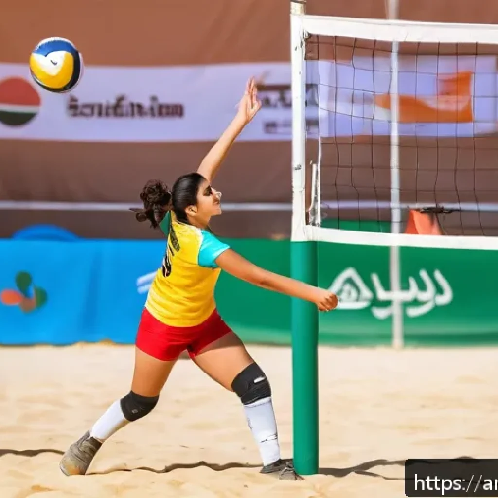 배구 경기 중 소통 스킬 - A dynamic volleyball team during a fast-paced match on an outdoor sand court in a Middle Eastern set...