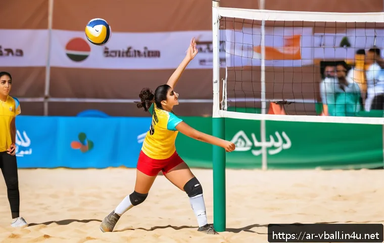 배구 경기 중 소통 스킬 - A dynamic volleyball team during a fast-paced match on an outdoor sand court in a Middle Eastern set...