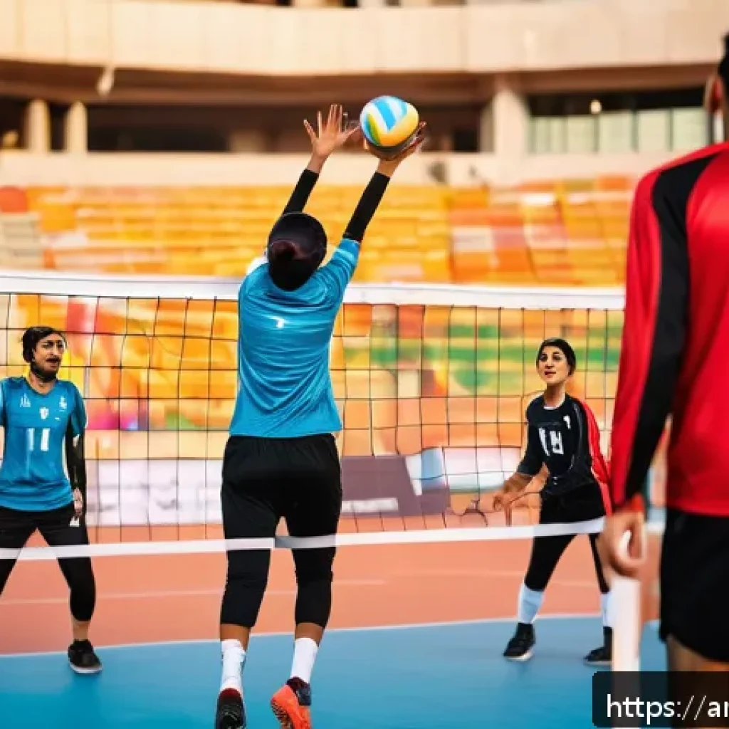 배구 전술 용어 해설 - A dynamic volleyball match scene set in an outdoor stadium in the Middle East during golden hour, sh...