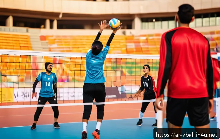 배구 전술 용어 해설 - A dynamic volleyball match scene set in an outdoor stadium in the Middle East during golden hour, sh...