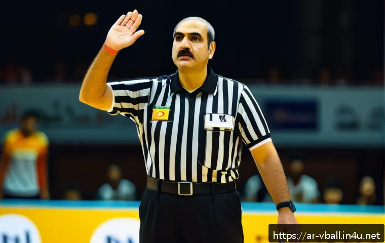 배구 주심과 부심 역할 - A confident volleyball referee standing calmly on an indoor court during a professional match, weari...