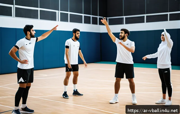 배구 경기 중 팀워크 훈련 - A dynamic volleyball team training session set in a modern indoor sports hall with Arabic cultural m...