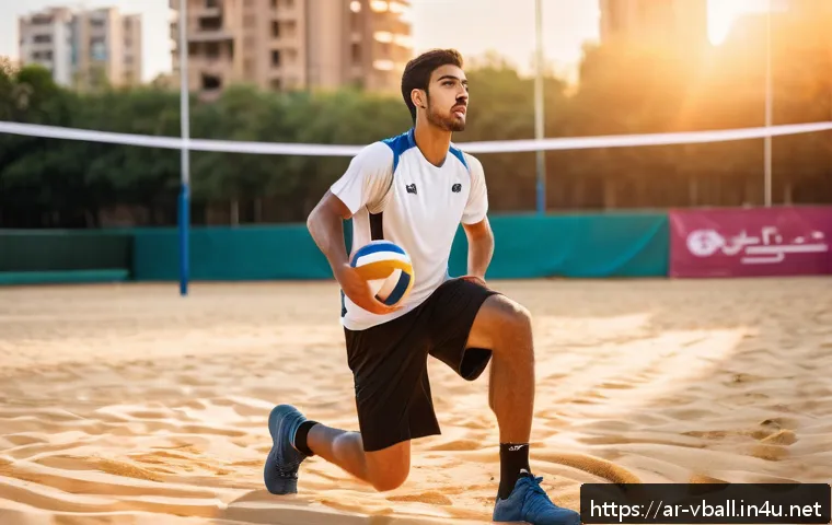 배구 경기에서 실수를 줄이는 방법 - A focused Middle Eastern male volleyball player in his early 20s, wearing a traditional sports unifo...