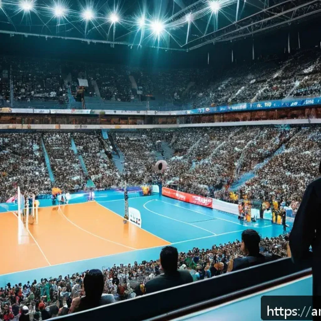 배구 경기장 좌석 배치 - A vibrant volleyball stadium scene focused on the front row seats filled with enthusiastic Arabic fa...