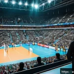 배구 경기장 좌석 배치 - A vibrant volleyball stadium scene focused on the front row seats filled with enthusiastic Arabic fa...