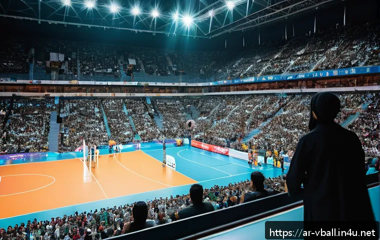 배구 경기장 좌석 배치 - A vibrant volleyball stadium scene focused on the front row seats filled with enthusiastic Arabic fa...