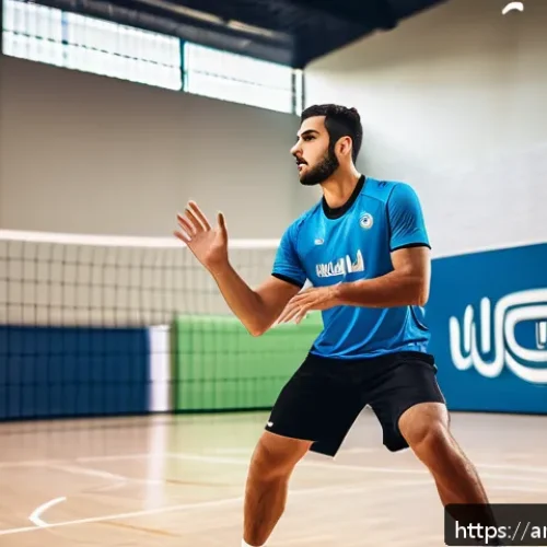 리시브 기술 향상 팁 - A dynamic volleyball training scene set in a modern indoor court with Arabic calligraphy banners on ...