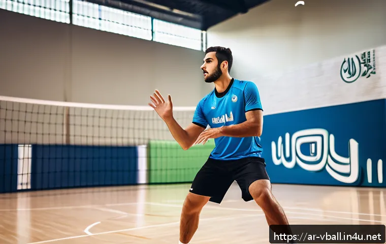 리시브 기술 향상 팁 - A dynamic volleyball training scene set in a modern indoor court with Arabic calligraphy banners on ...