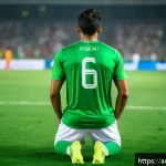 배구 심리 훈련 - A focused Arab male soccer player in his mid-20s, wearing a traditional white sports jersey and shor...