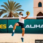 배구 트레이닝 장비 리뷰 - A professional volleyball training scene featuring a male Arab athlete wearing appropriate sportswea...