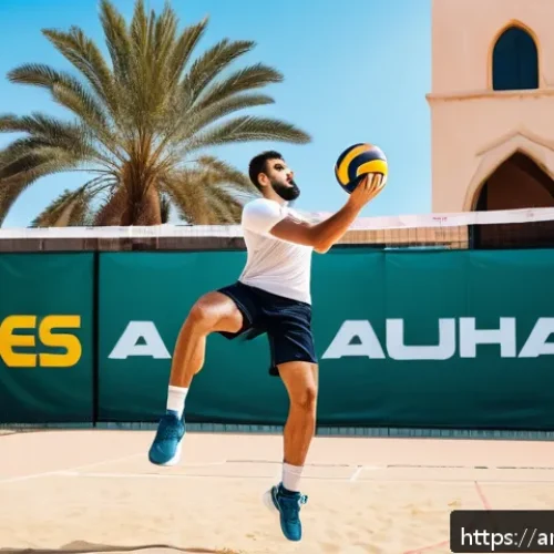 배구 트레이닝 장비 리뷰 - A professional volleyball training scene featuring a male Arab athlete wearing appropriate sportswea...