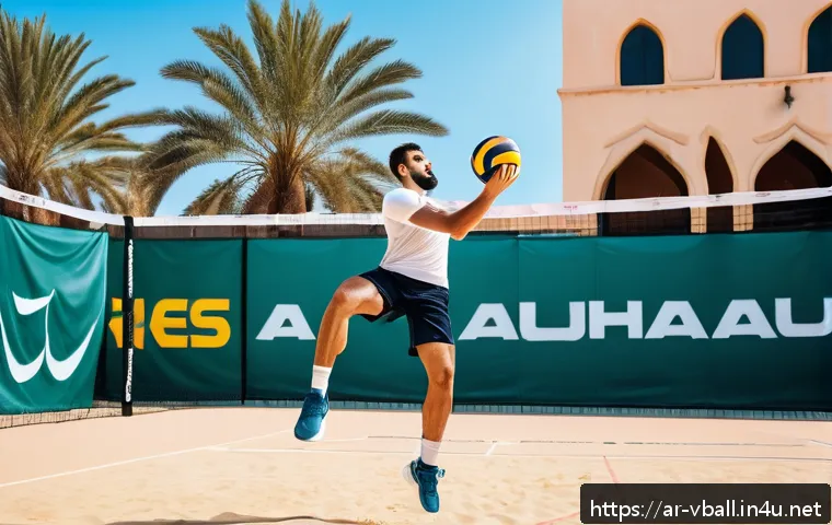 배구 트레이닝 장비 리뷰 - A professional volleyball training scene featuring a male Arab athlete wearing appropriate sportswea...