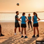 배구 코칭의 기본 - A diverse group of young adult volleyball players in sporty attire practicing teamwork drills on an ...