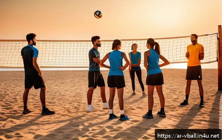 배구 코칭의 기본 - A diverse group of young adult volleyball players in sporty attire practicing teamwork drills on an ...