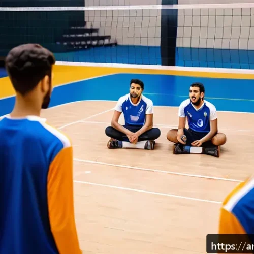 배구 관련 팟캐스트 - A dynamic volleyball training session featuring a diverse group of Arab youth players wearing sports...