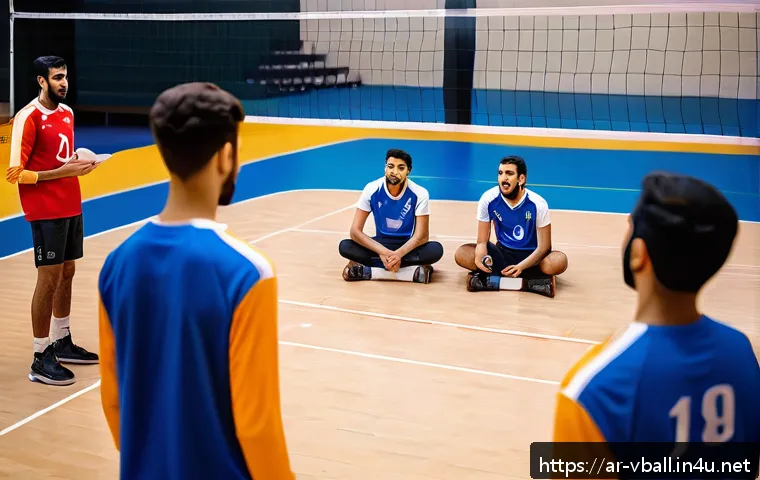 배구 관련 팟캐스트 - A dynamic volleyball training session featuring a diverse group of Arab youth players wearing sports...