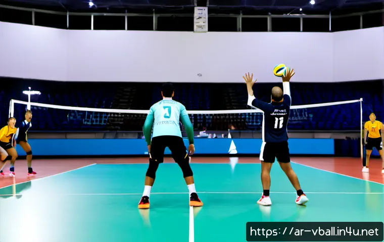 Home 17 배구 경기 중 선수 역할 분담 - Photorealistic indoor volleyball match in a modern Middle Eastern sports arena, clear team role divi...