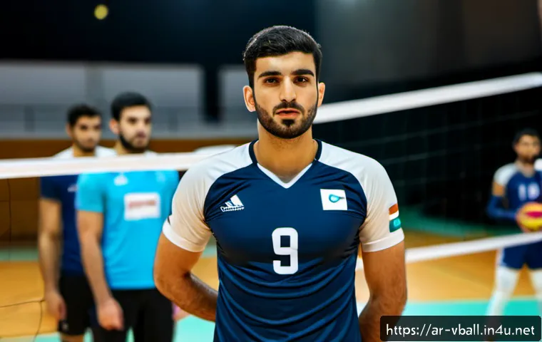 배구 경기 중 멘탈 유지법 - Photorealistic indoor volleyball match in a modern Middle Eastern sports hall, focused Arab male pla...