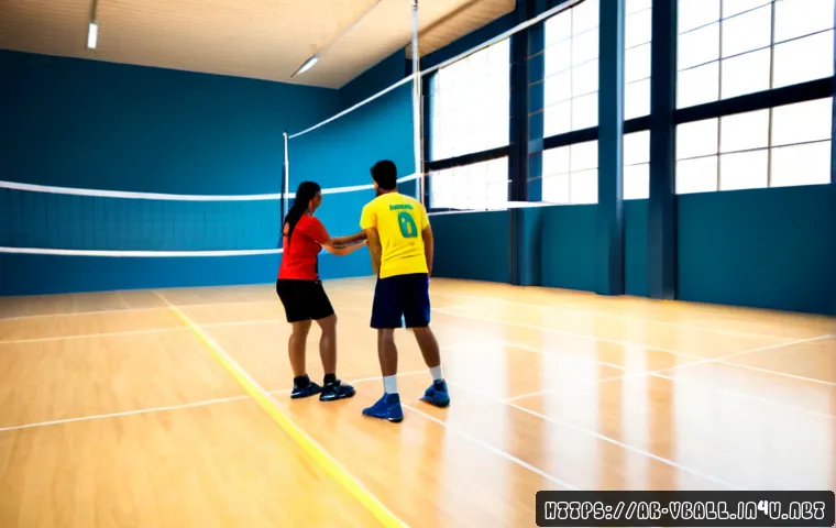 배구 네트 셋업 방법 - Photorealistic indoor volleyball court in a modern Middle Eastern community sports hall, two adult p...