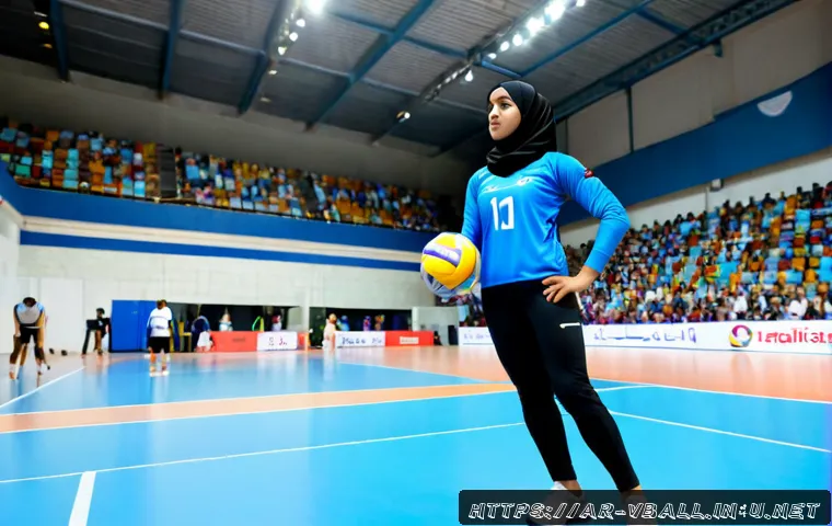 Home 17 배구 경기 중 경기력 유지법 - Photorealistic indoor volleyball match in a modern Middle Eastern sports hall, focused Arab female v...