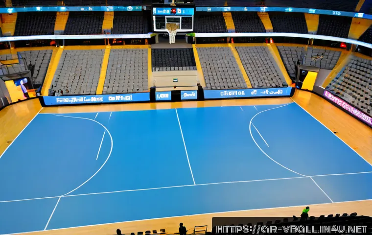 배구 경기장의 구조 - Photorealistic wide-angle view of an indoor volleyball arena from a high corner perspective, clearly...