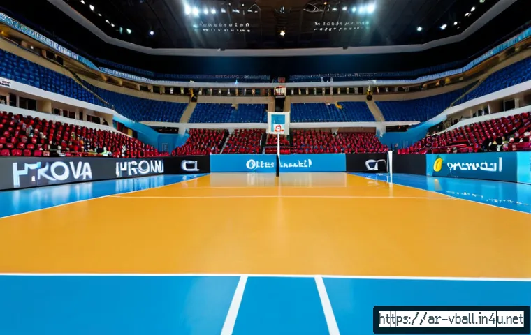 배구 국제 규격 업데이트 - Photorealistic professional indoor volleyball court in a modern Middle Eastern sports arena, regulat...