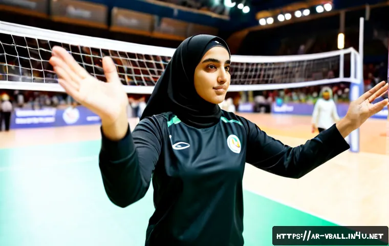 배구 경기 중 리더십 발휘 - Photorealistic indoor volleyball match in a modern Middle Eastern sports arena, confident female tea...