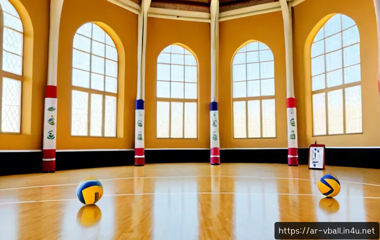 배구 실습장비 목록 - Photorealistic volleyball practice equipment arranged neatly in a bright indoor sports hall: regulat...